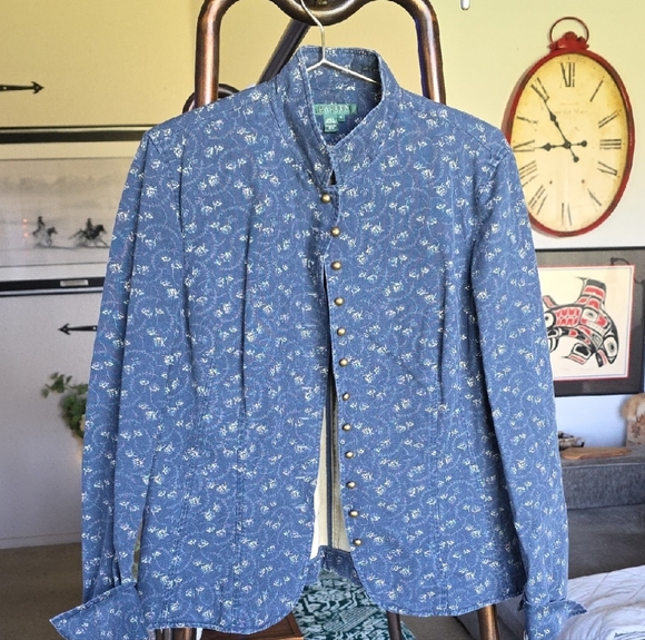 Lauren Ralph Lauren Jackets & Blazers - Lauren Ralph Lauren Blue Floral Jean Jacket Vintage Gold Tone Button XL